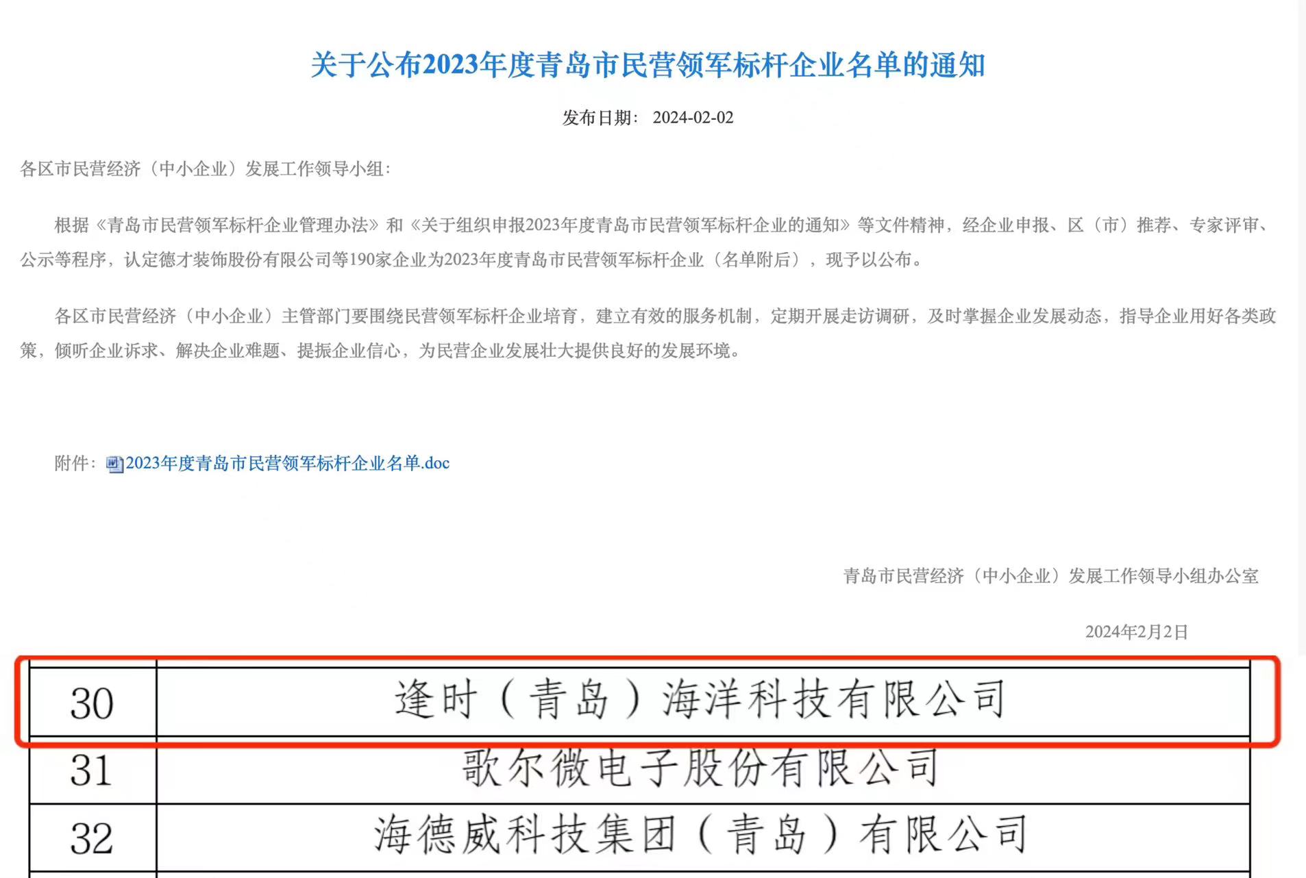 2023年度青岛市民营领军标杆企业榜单发布，逢时科技榜上有名